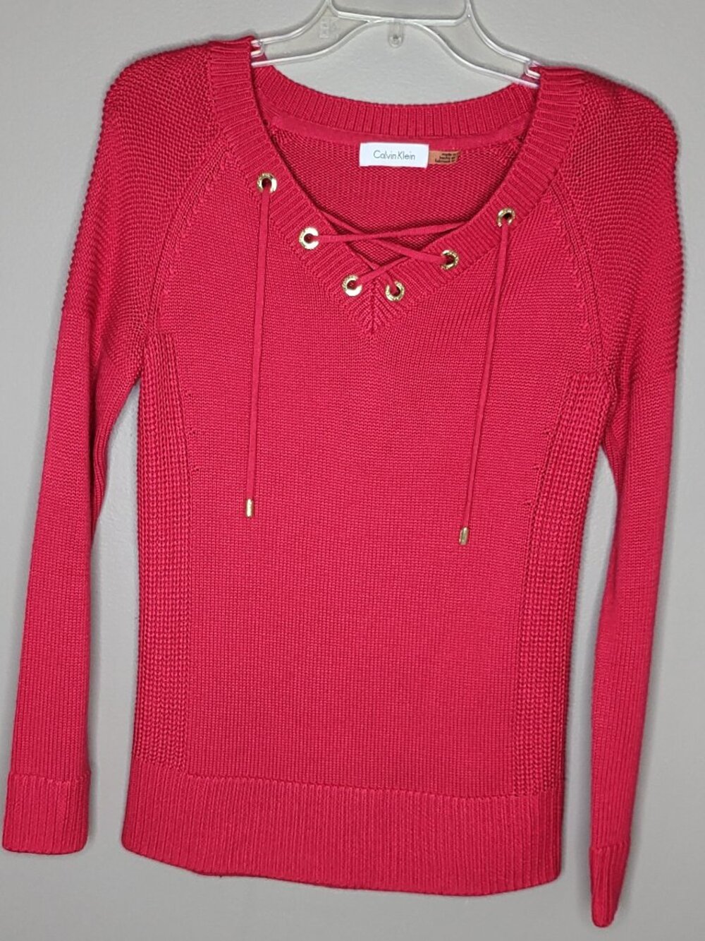 Calvin Klein Red Lace Up Sweater Gold Grommet Long Sleeve Knit Top approx Small